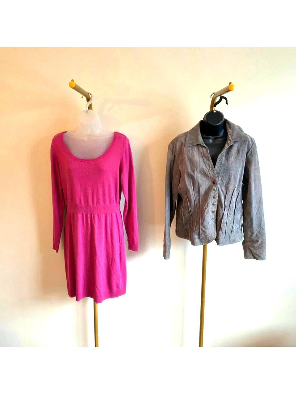 Fuschia Y2K Sweater Dress + Vintage Suede Jacket - sz L